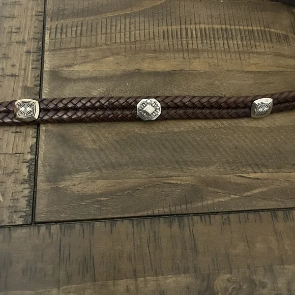 BRIGHTON Brown Leather Braided Belt Q2108 Silver Buckle & Conchos Size S/28 - Picture 2 of 5